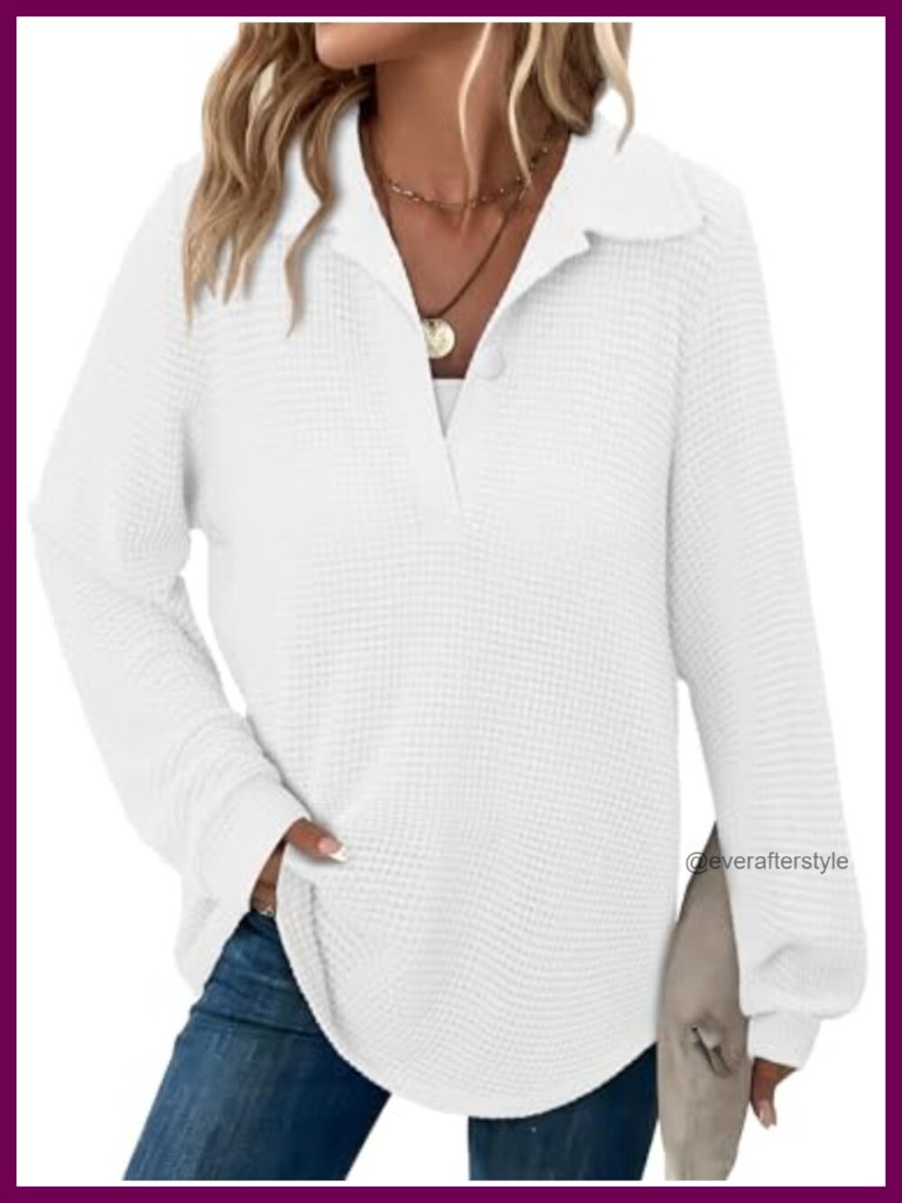 Waffle Knit Long Sleeve V Neck Pullover Top Casual Fall Winter